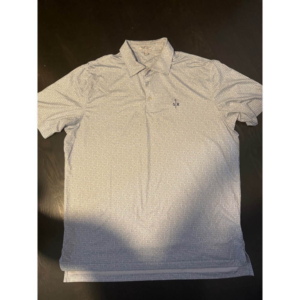 Peter Millar Polo Shirt Size L Blue Excellent Sheep Ranch AOP Drinks Golf Mens